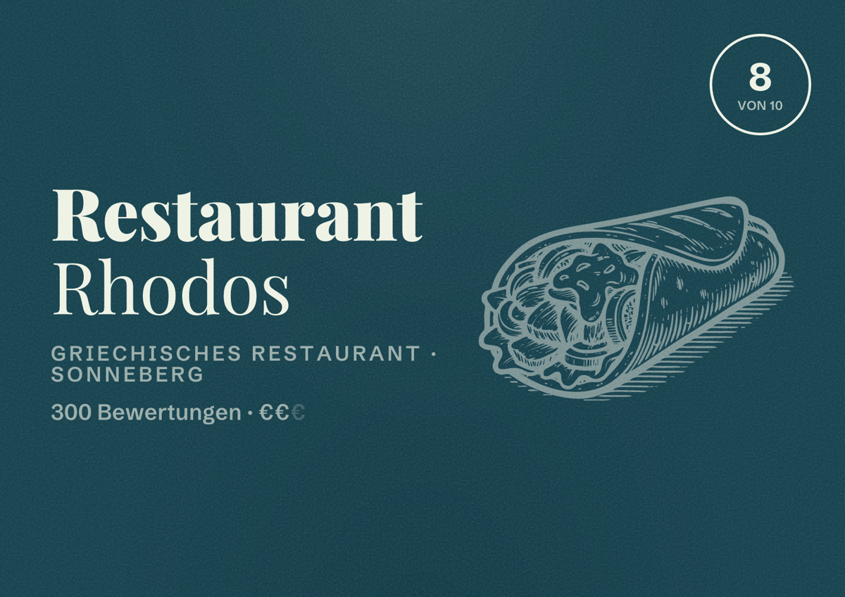 Illustriertes Poster von Restaurant Rhodos, Griechisches Restaurant in Sonneberg: Bewertung 8 von 10 aus 300 Bewertungen, Preisniveau €€