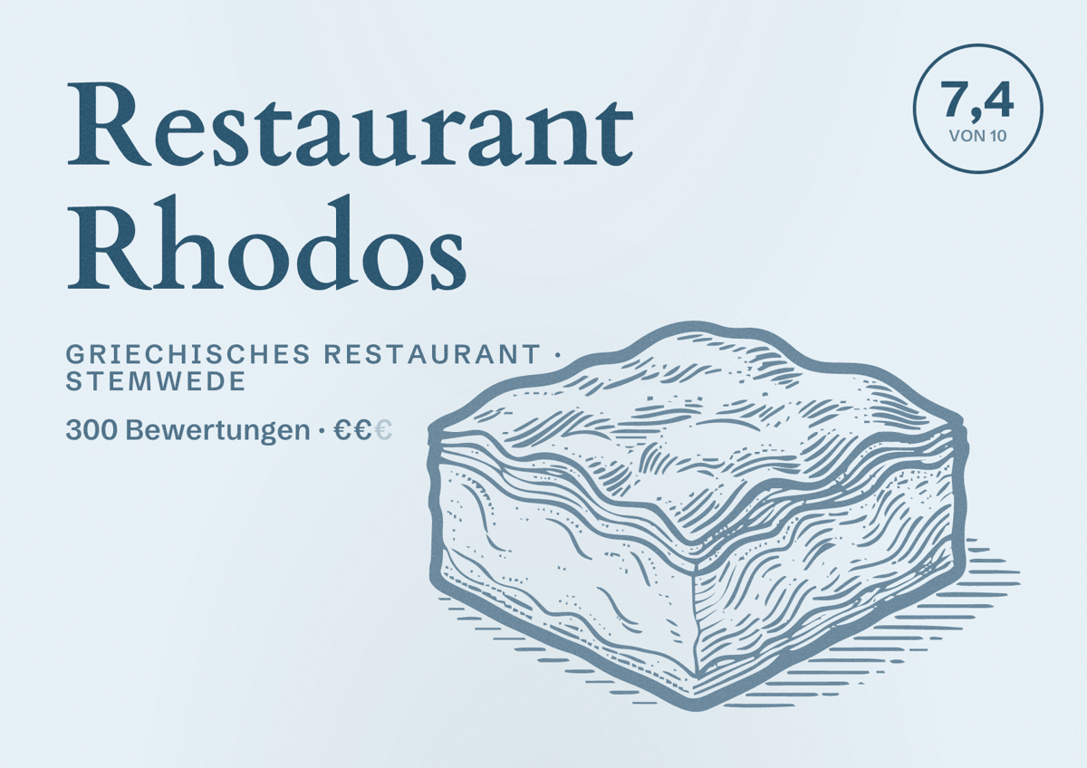 Illustriertes Poster von Restaurant Rhodos, Griechisches Restaurant in Stemwede: Bewertung 7,4 von 10 aus 300 Bewertungen, Preisniveau €€