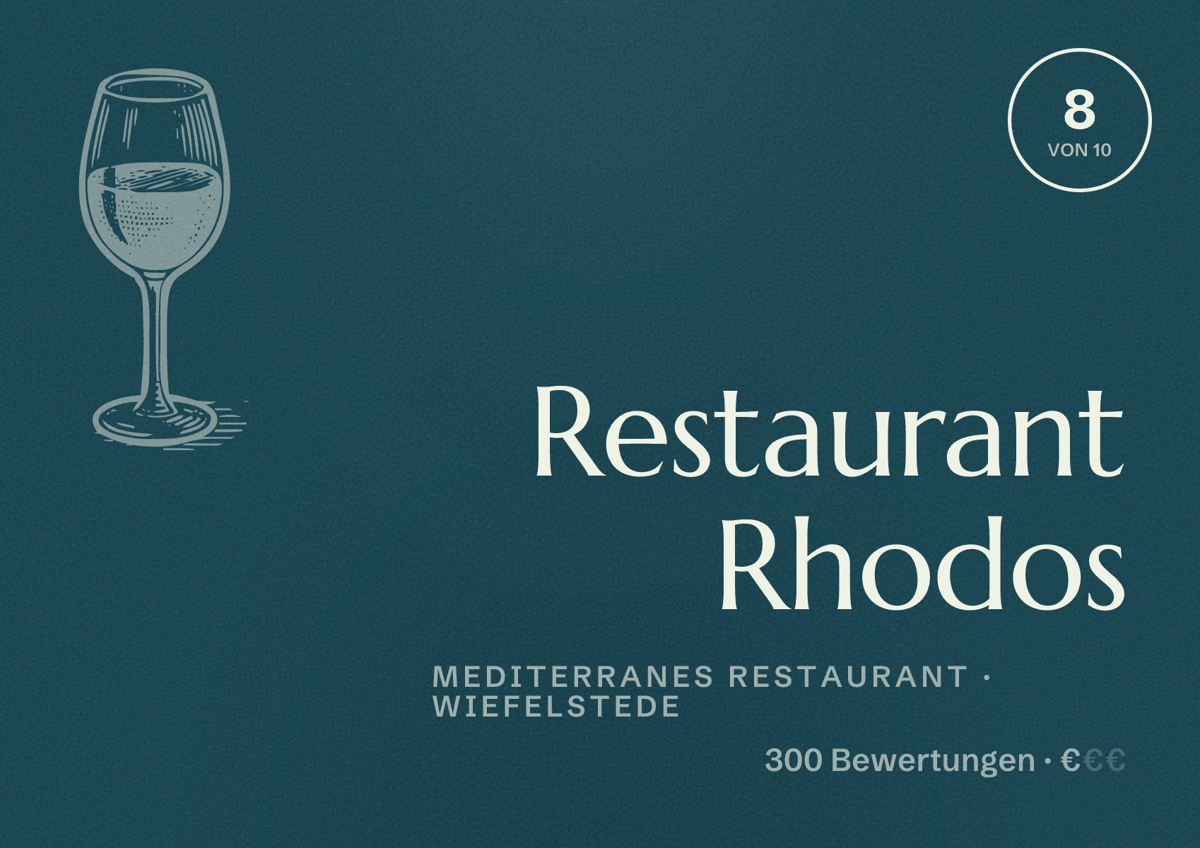 Illustriertes Poster von Restaurant Rhodos, Mediterranes Restaurant in Wiefelstede: Bewertung 8 von 10 aus 300 Bewertungen, Preisniveau €