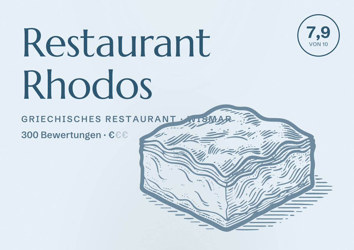 Illustriertes Poster von Restaurant Rhodos, Griechisches Restaurant in Wismar: Bewertung 7,9 von 10 aus 300 Bewertungen, Preisniveau €