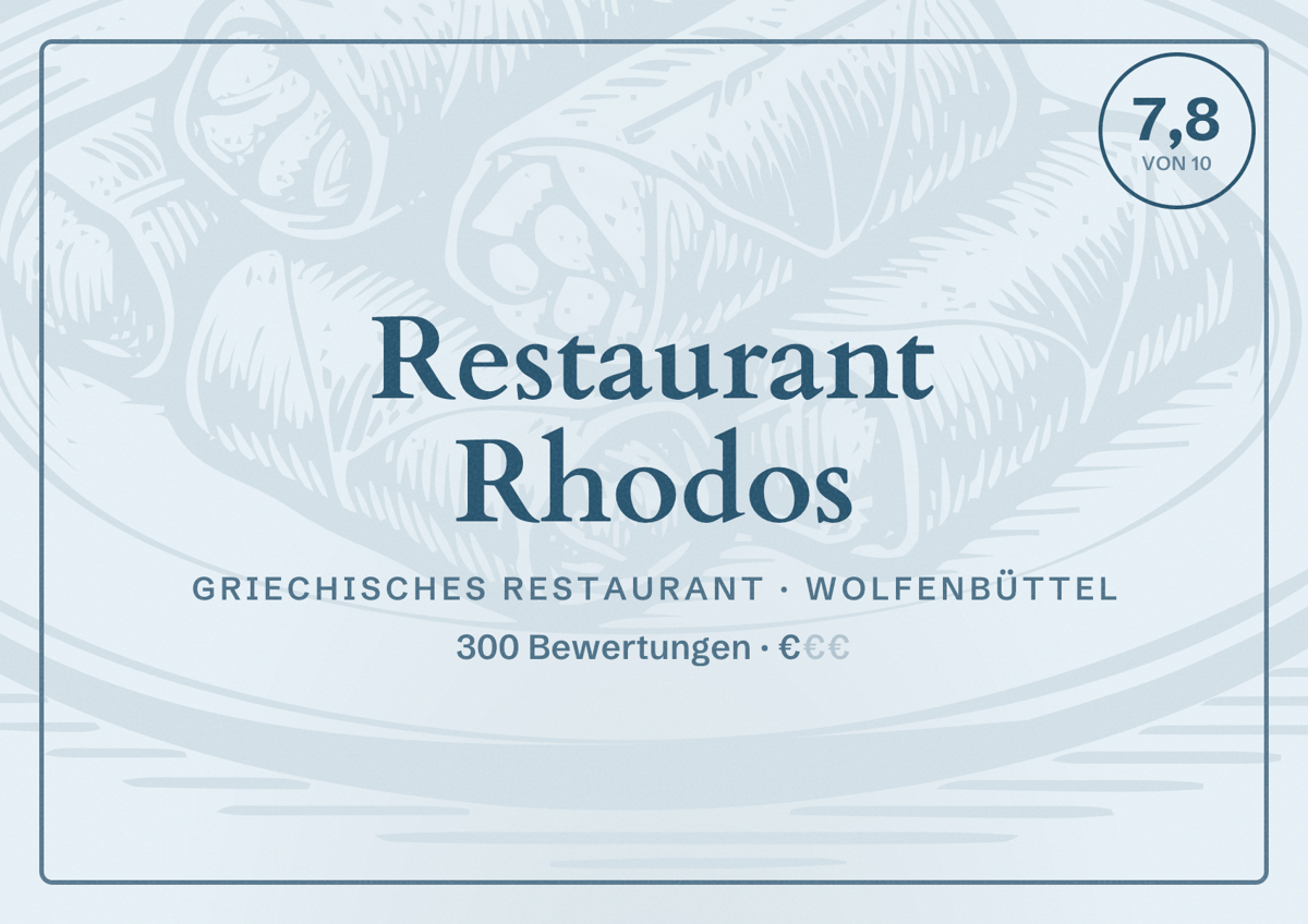 Illustriertes Poster von Restaurant Rhodos, Griechisches Restaurant in Wolfenbüttel: Bewertung 7,8 von 10 aus 300 Bewertungen, Preisniveau €