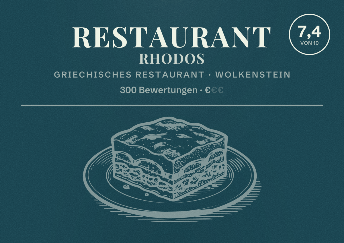 Illustriertes Poster von Restaurant Rhodos, Griechisches Restaurant in Wolkenstein: Bewertung 7,4 von 10 aus 300 Bewertungen, Preisniveau €
