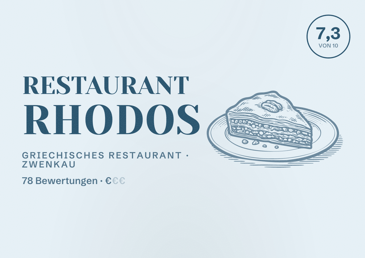 Illustriertes Poster von Restaurant Rhodos, Griechisches Restaurant in Zwenkau: Bewertung 7,3 von 10 aus 78 Bewertungen, Preisniveau €