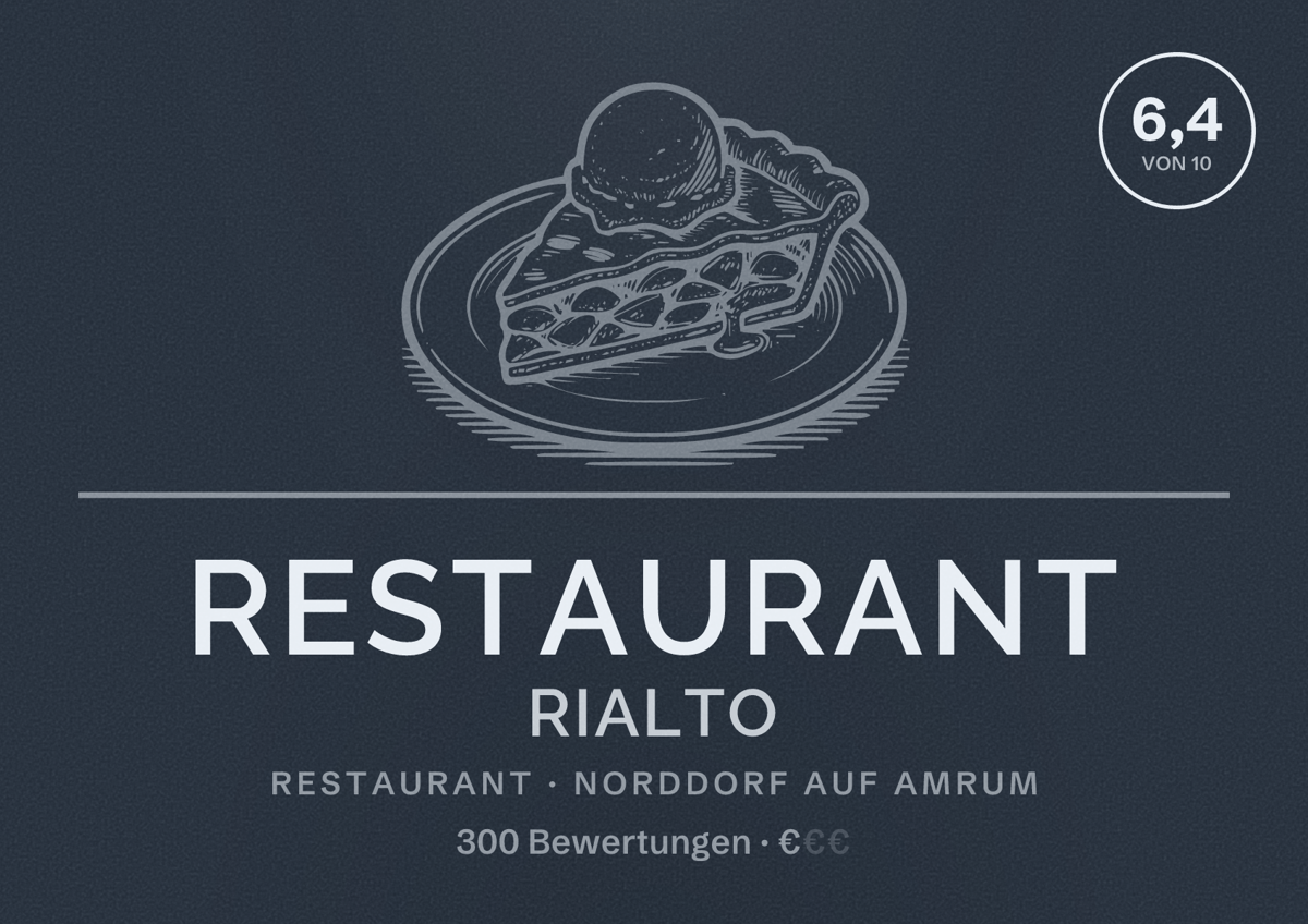 Illustriertes Poster von Restaurant Rialto, Restaurant in Norddorf auf Amrum: Bewertung 6,4 von 10 aus 300 Bewertungen, Preisniveau €