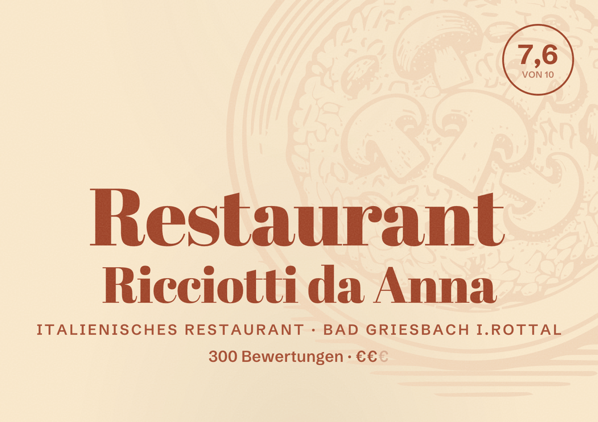 Illustriertes Poster von Restaurant Ricciotti da Anna, Italienisches Restaurant in Bad Griesbach i.Rottal: Bewertung 7,6 von 10 aus 300 Bewertungen, Preisniveau €€