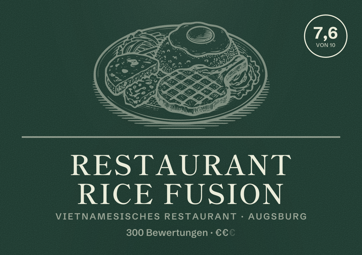 Illustriertes Poster von Restaurant Rice Fusion, Vietnamesisches Restaurant in Augsburg: Bewertung 7,6 von 10 aus 300 Bewertungen, Preisniveau €€