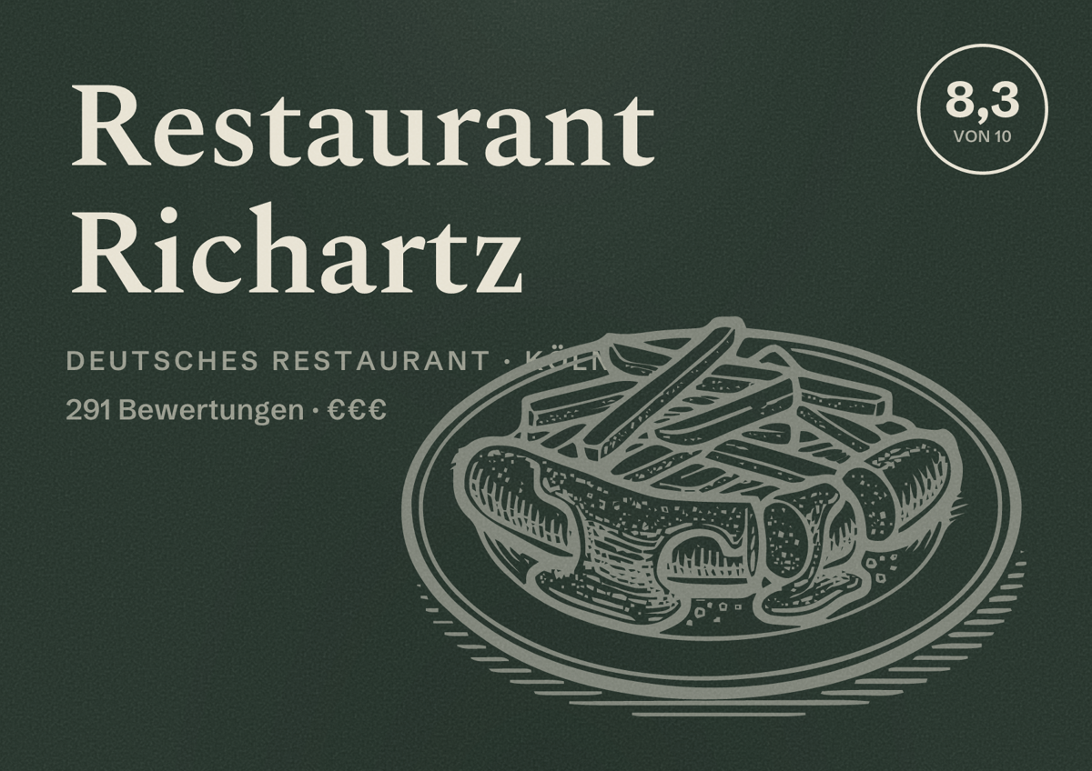 Illustriertes Poster von Restaurant Richartz, Deutsches Restaurant in Köln: Bewertung 8,3 von 10 aus 291 Bewertungen, Preisniveau €€€