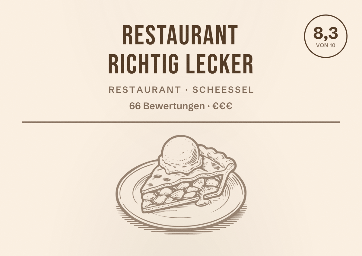 Illustriertes Poster von Restaurant Richtig Lecker, Restaurant in Scheeßel: Bewertung 8,3 von 10 aus 66 Bewertungen, Preisniveau €€€