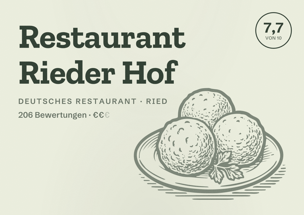 Illustriertes Poster von Restaurant Rieder Hof, Deutsches Restaurant in Ried: Bewertung 7,7 von 10 aus 206 Bewertungen, Preisniveau €€