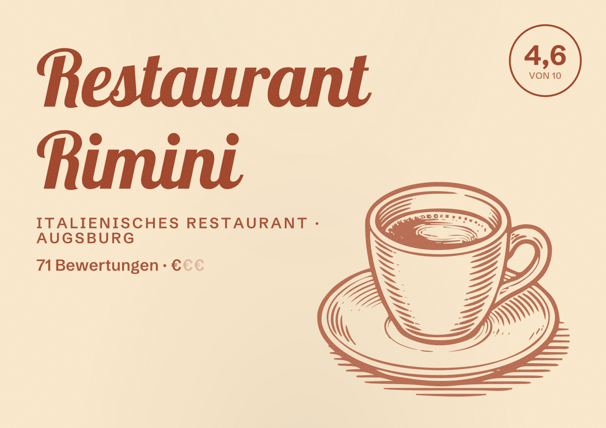 Illustriertes Poster von Restaurant Rimini, Italienisches Restaurant in Augsburg: Bewertung 4,6 von 10 aus 71 Bewertungen, Preisniveau €