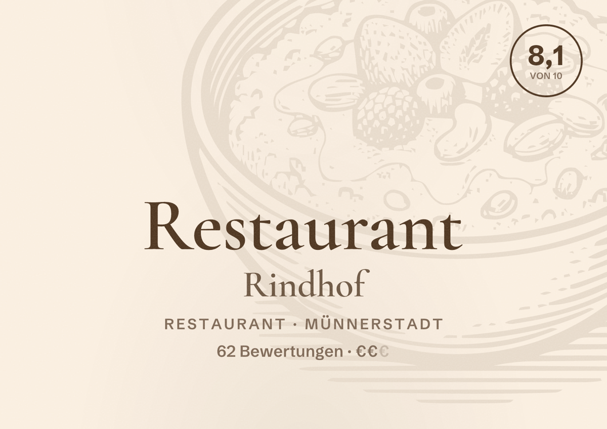 Illustriertes Poster von Restaurant Rindhof, Restaurant in Münnerstadt: Bewertung 8,1 von 10 aus 62 Bewertungen, Preisniveau €€