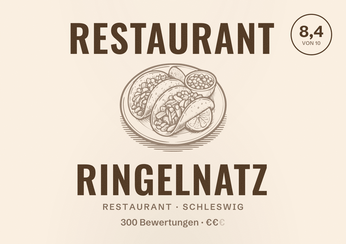 Illustriertes Poster von Restaurant Ringelnatz, Restaurant in Schleswig: Bewertung 8,4 von 10 aus 300 Bewertungen, Preisniveau €€