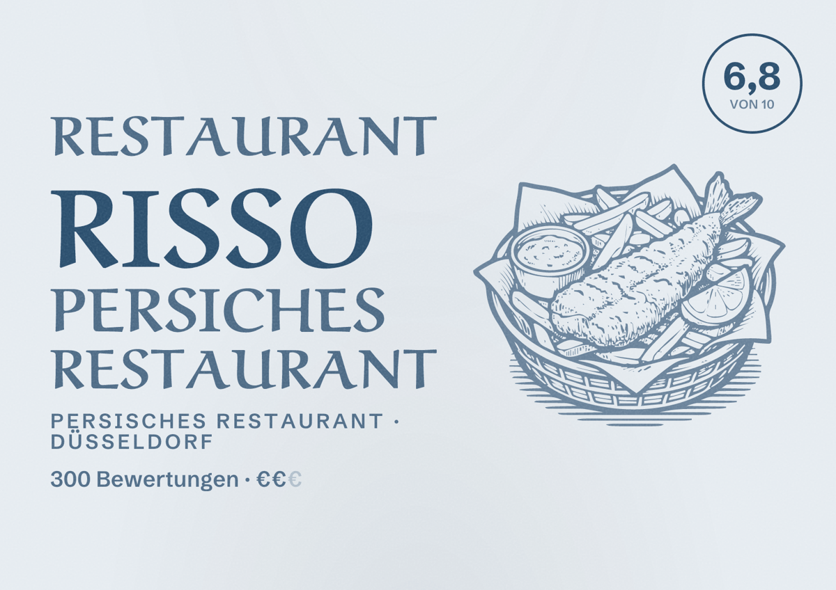 Illustriertes Poster von Restaurant Risso Persiches Restaurant, Persisches Restaurant in Düsseldorf: Bewertung 6,8 von 10 aus 300 Bewertungen, Preisniveau €€
