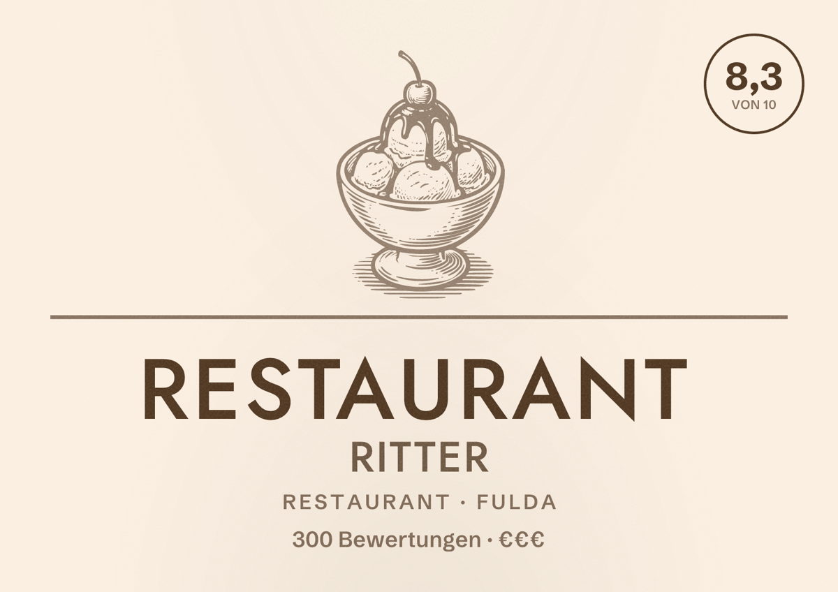 Illustriertes Poster von Restaurant Ritter, Restaurant in Fulda: Bewertung 8,3 von 10 aus 300 Bewertungen, Preisniveau €€€