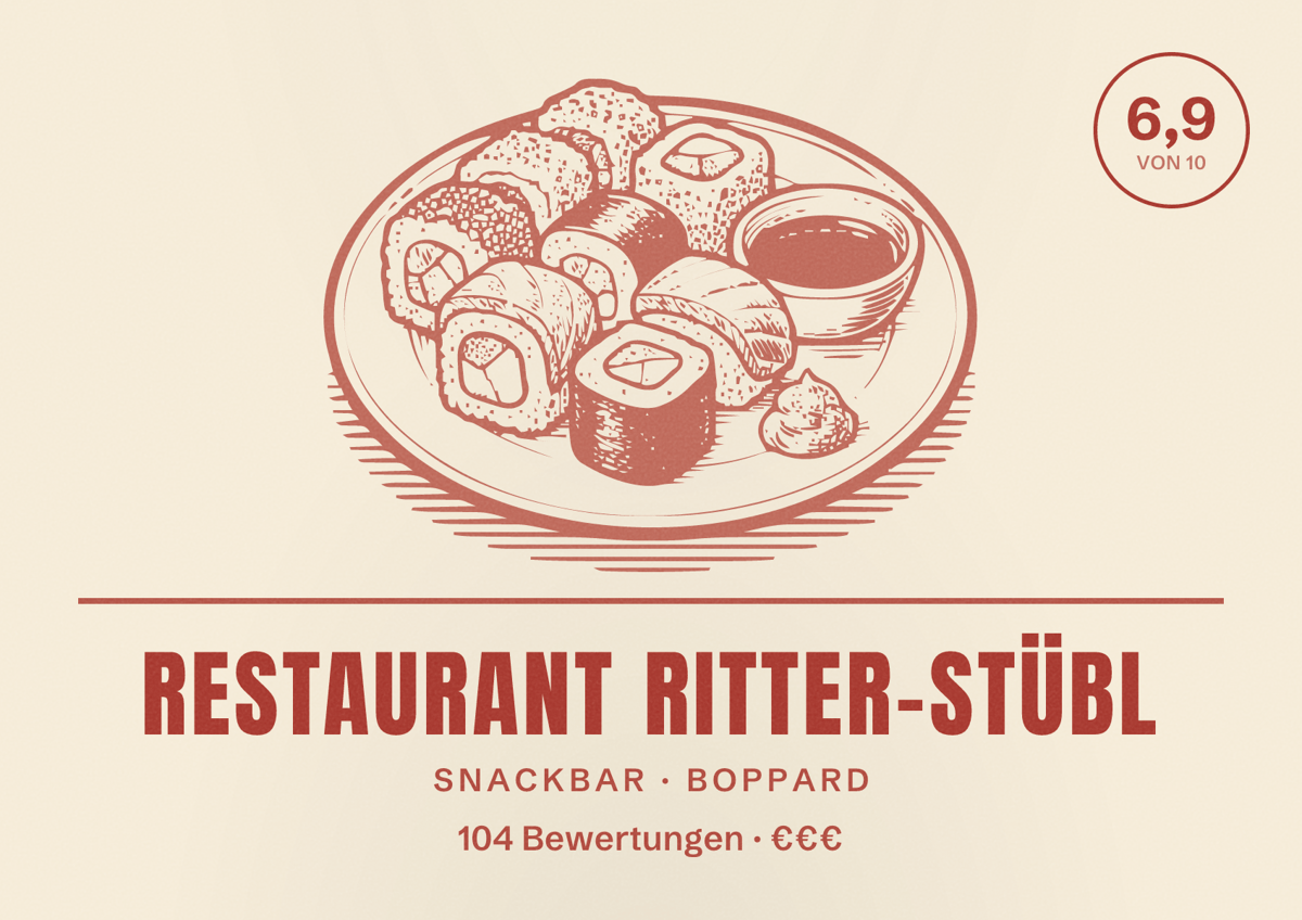 Illustriertes Poster von Restaurant Ritter-Stübl, Snackbar in Boppard: Bewertung 6,9 von 10 aus 104 Bewertungen, Preisniveau €€€