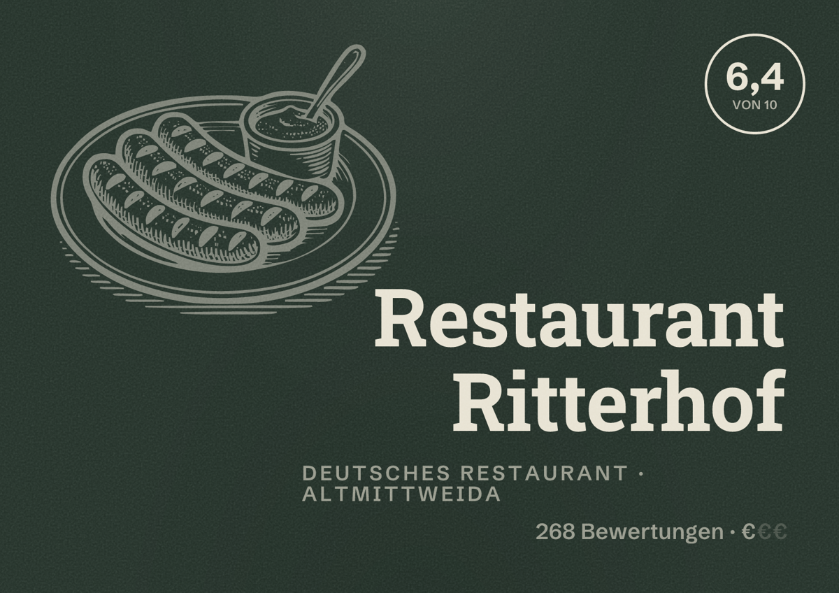 Illustriertes Poster von Restaurant Ritterhof, Deutsches Restaurant in Altmittweida: Bewertung 6,4 von 10 aus 268 Bewertungen, Preisniveau €
