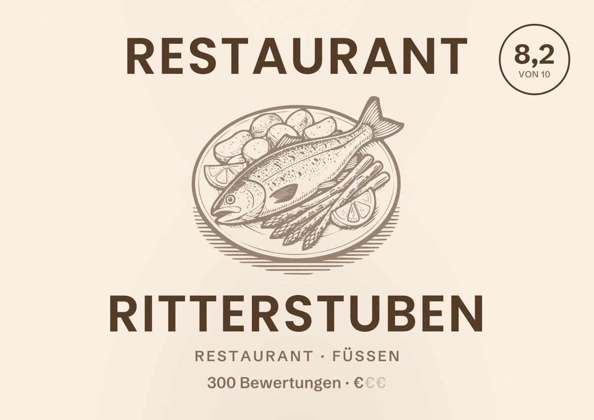 Illustriertes Poster von Restaurant Ritterstuben, Restaurant in Füssen: Bewertung 8,2 von 10 aus 300 Bewertungen, Preisniveau €