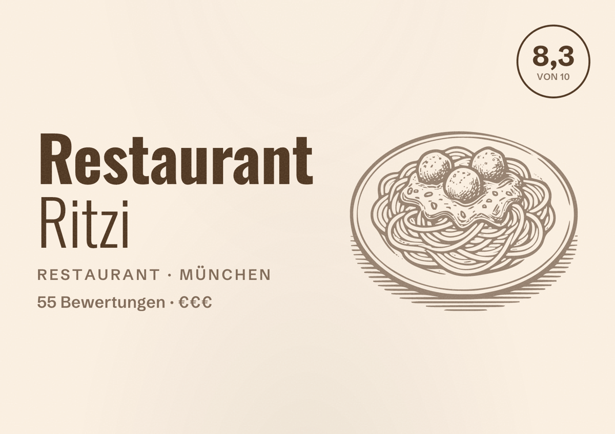 Illustriertes Poster von Restaurant Ritzi, Restaurant in München: Bewertung 8,3 von 10 aus 55 Bewertungen, Preisniveau €€€