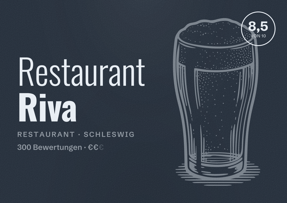 Illustriertes Poster von Restaurant Riva, Restaurant in Schleswig: Bewertung 8,5 von 10 aus 300 Bewertungen, Preisniveau €€