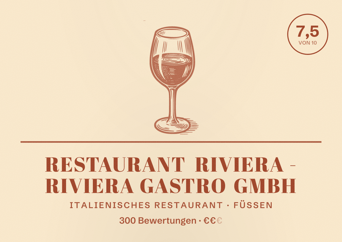 Illustriertes Poster von Restaurant Riviera - Riviera Gastro GmbH, Italienisches Restaurant in Füssen: Bewertung 7,5 von 10 aus 300 Bewertungen, Preisniveau €€