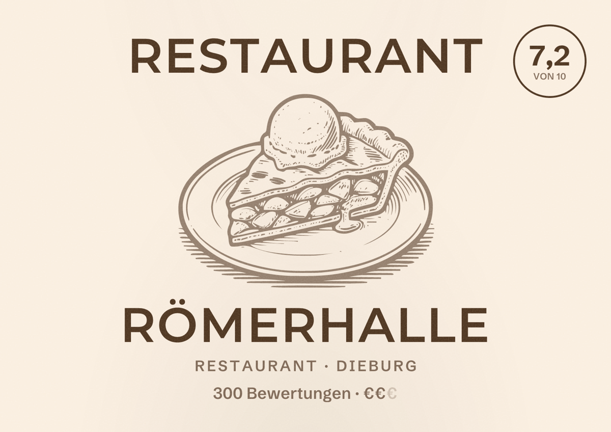 Illustriertes Poster von Restaurant Römerhalle, Restaurant in Dieburg: Bewertung 7,2 von 10 aus 300 Bewertungen, Preisniveau €€
