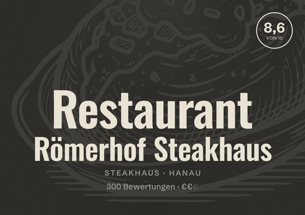 Illustriertes Poster von Restaurant Römerhof Steakhaus, Steakhaus in Hanau: Bewertung 8,6 von 10 aus 300 Bewertungen, Preisniveau €€