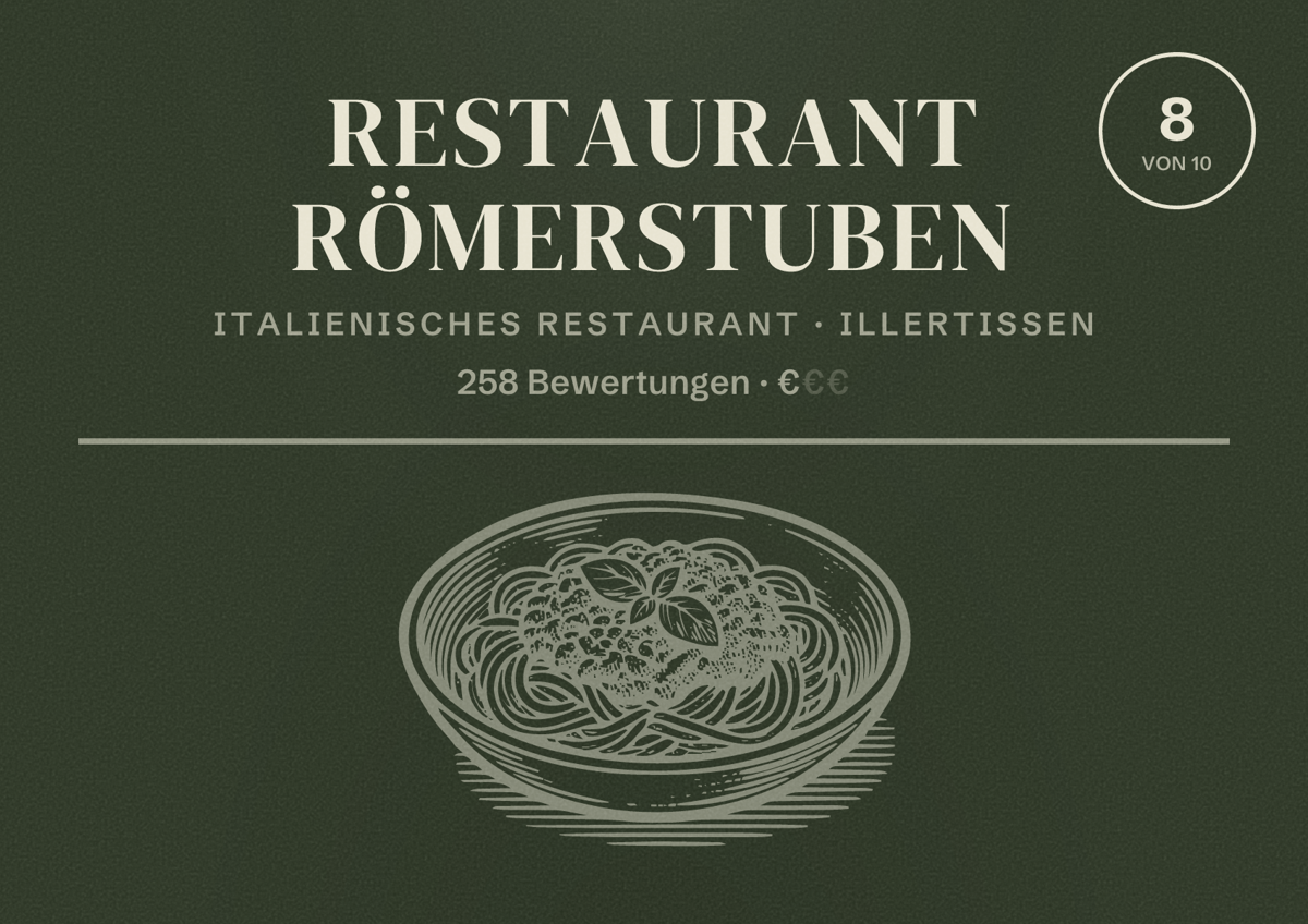 Illustriertes Poster von Restaurant Römerstuben, Italienisches Restaurant in Illertissen: Bewertung 8 von 10 aus 258 Bewertungen, Preisniveau €