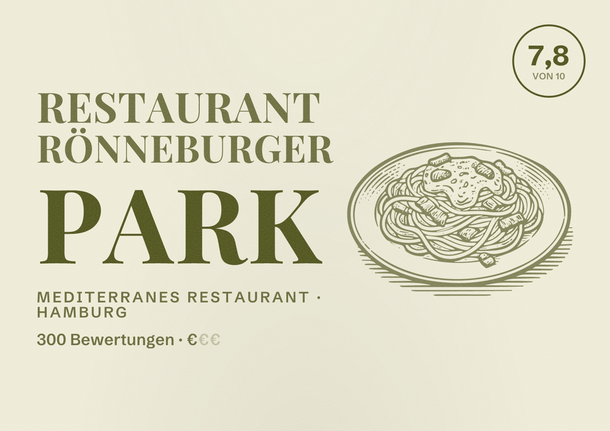 Illustriertes Poster von Restaurant Rönneburger Park, Mediterranes Restaurant in Hamburg: Bewertung 7,8 von 10 aus 300 Bewertungen, Preisniveau €