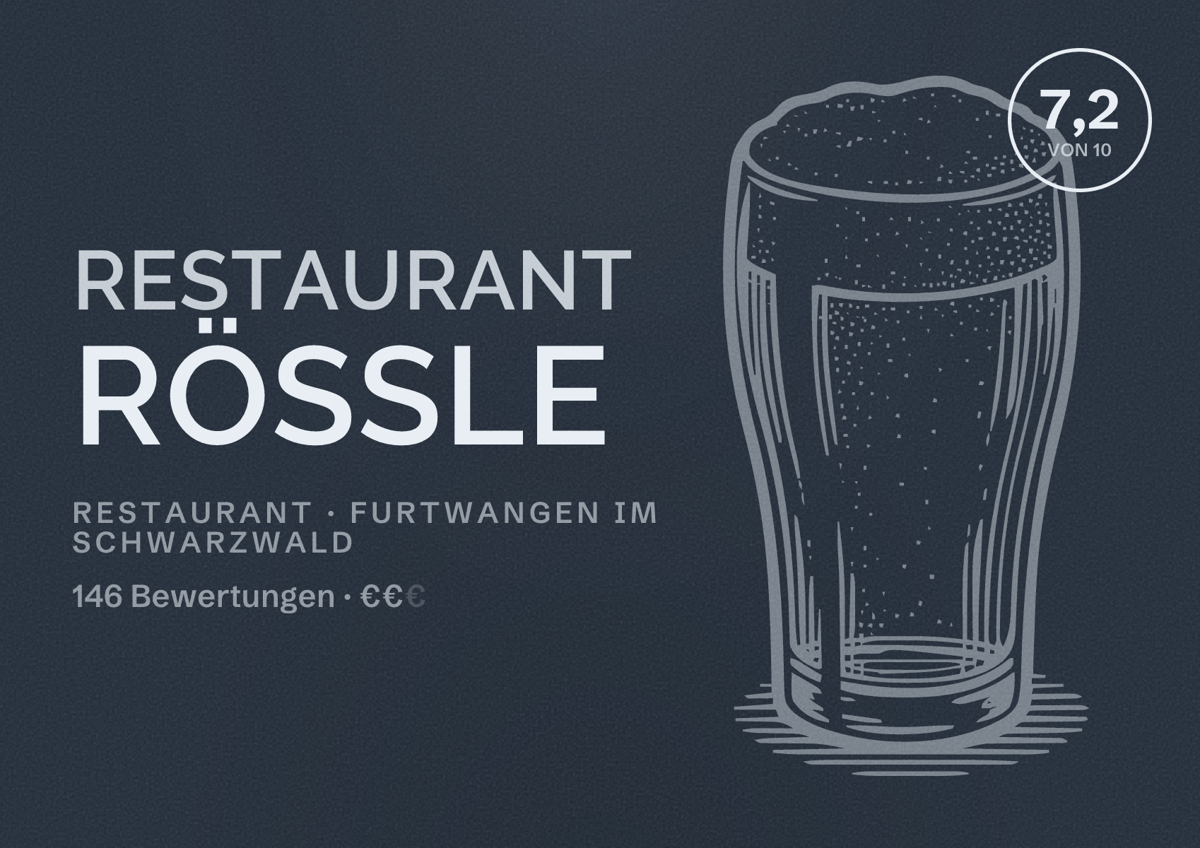 Illustriertes Poster von Restaurant Rössle, Restaurant in Furtwangen im Schwarzwald: Bewertung 7,2 von 10 aus 146 Bewertungen, Preisniveau €€