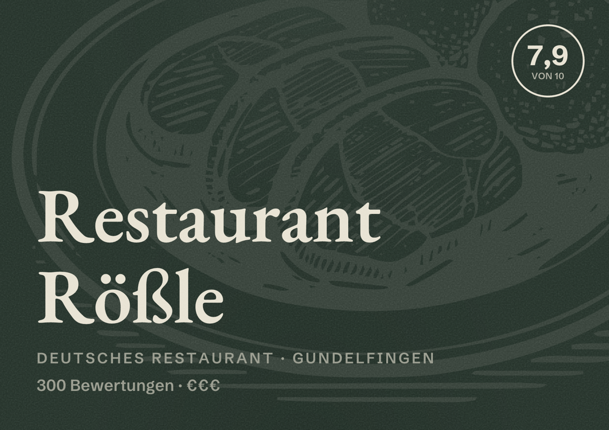 Illustriertes Poster von Restaurant Rößle, Deutsches Restaurant in Gundelfingen: Bewertung 7,9 von 10 aus 300 Bewertungen, Preisniveau €€€