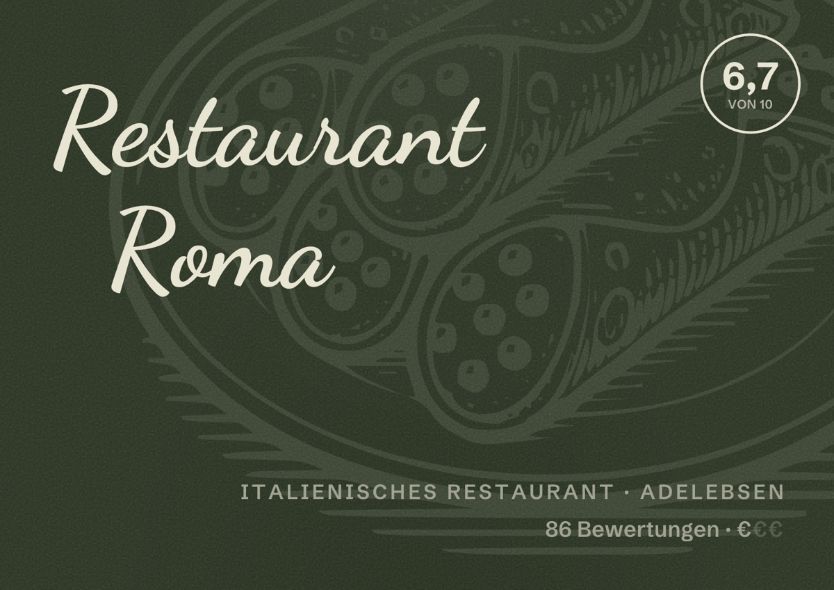 Illustriertes Poster von Restaurant Roma, Italienisches Restaurant in Adelebsen: Bewertung 6,7 von 10 aus 86 Bewertungen, Preisniveau €