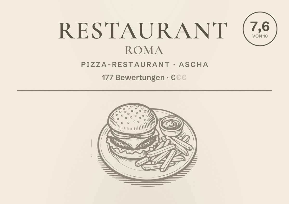 Illustriertes Poster von Restaurant Roma, Pizza-Restaurant in Ascha: Bewertung 7,6 von 10 aus 177 Bewertungen, Preisniveau €
