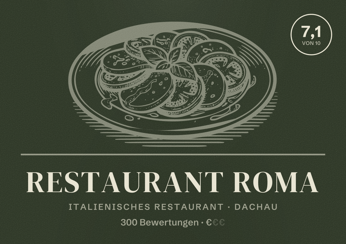 Illustriertes Poster von Restaurant Roma, Italienisches Restaurant in Dachau: Bewertung 7,1 von 10 aus 300 Bewertungen, Preisniveau €