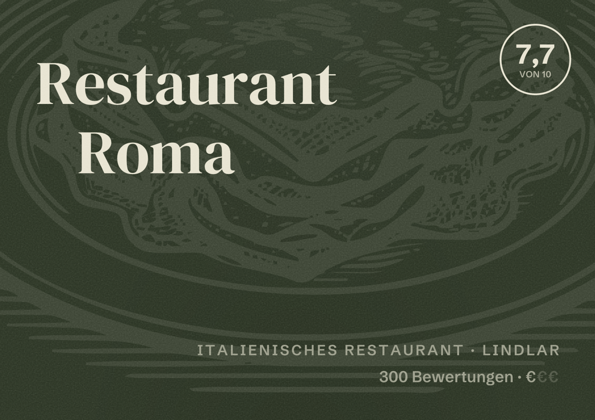 Illustriertes Poster von Restaurant Roma, Italienisches Restaurant in Lindlar: Bewertung 7,7 von 10 aus 300 Bewertungen, Preisniveau €