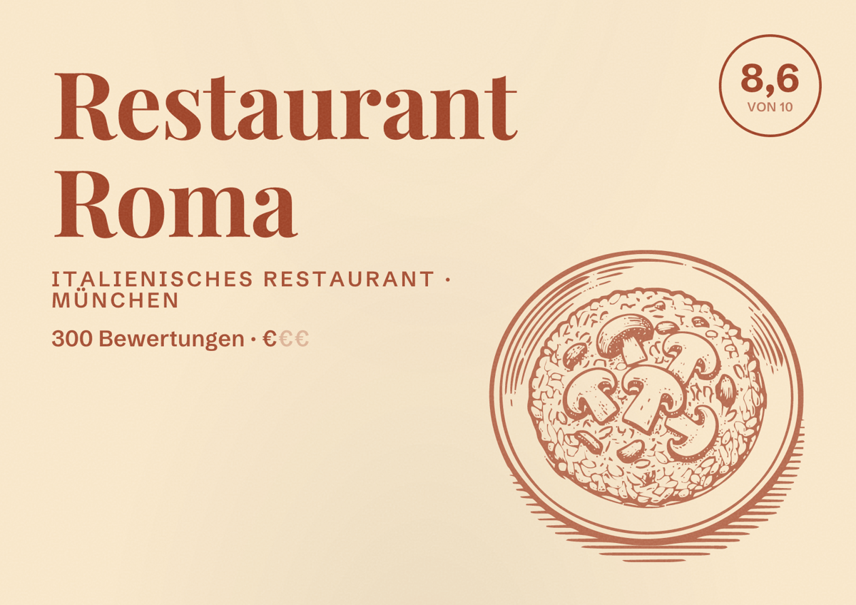 Illustriertes Poster von Restaurant Roma, Italienisches Restaurant in München: Bewertung 8,6 von 10 aus 300 Bewertungen, Preisniveau €