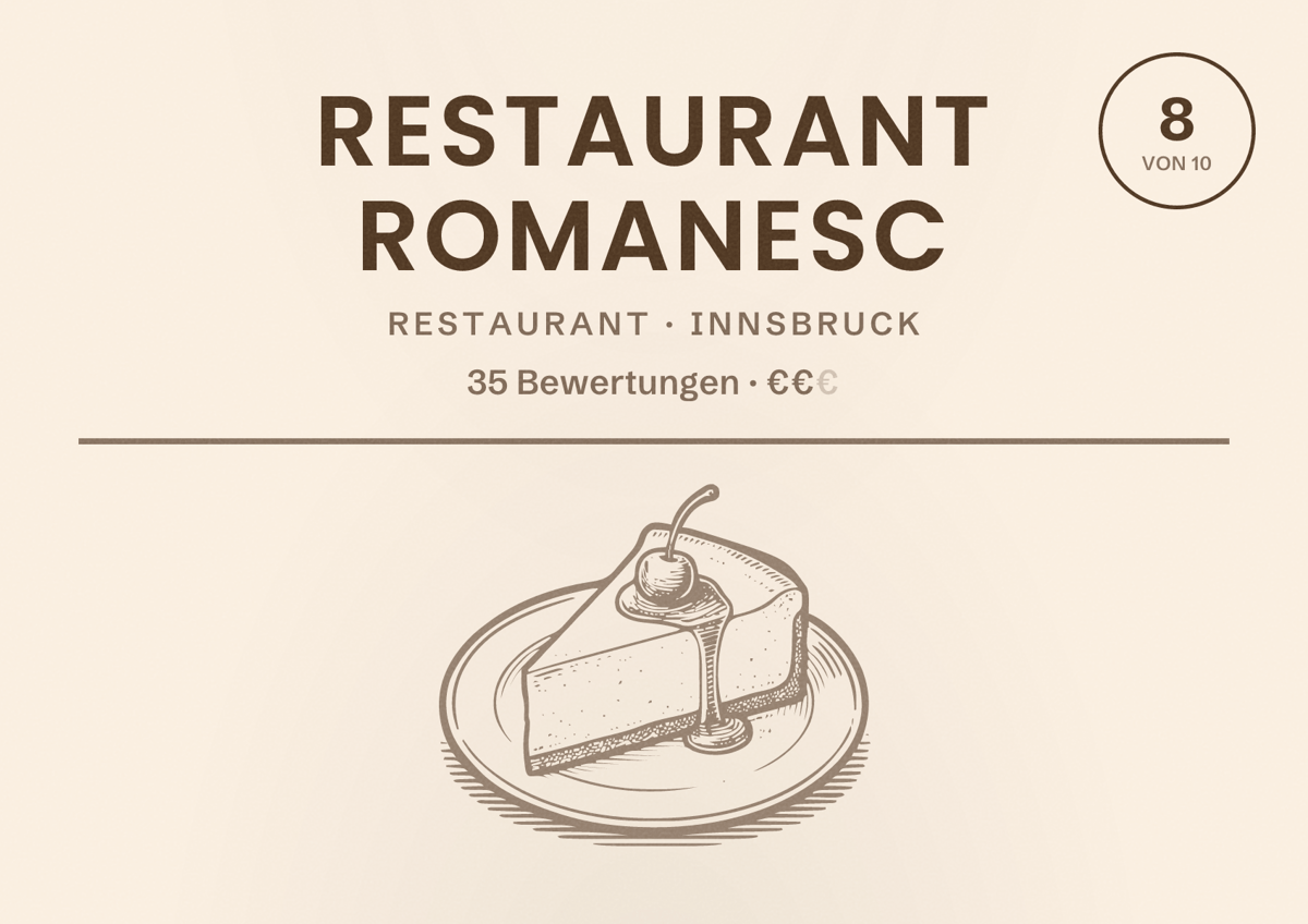 Illustriertes Poster von Restaurant Romanesc, Restaurant in Innsbruck: Bewertung 8 von 10 aus 35 Bewertungen, Preisniveau €€