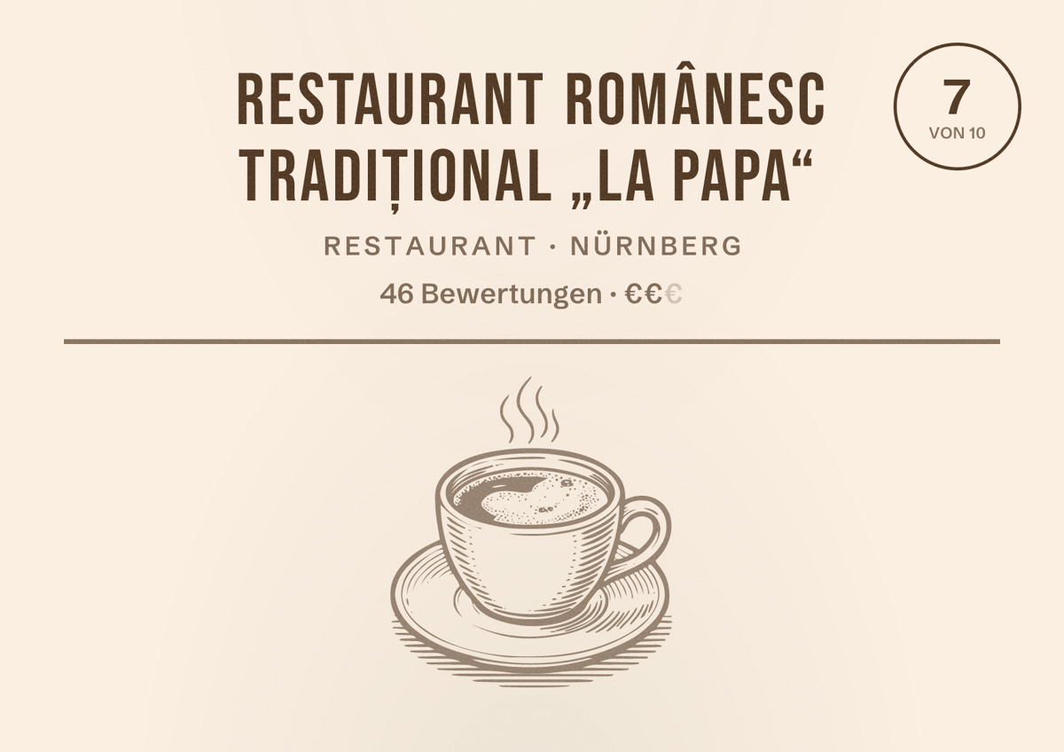 Illustriertes Poster von Restaurant Românesc Tradițional „LA PAPA“, Restaurant in Nürnberg: Bewertung 7 von 10 aus 46 Bewertungen, Preisniveau €€
