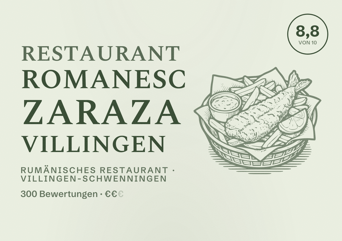 Illustriertes Poster von Restaurant Romanesc Zaraza Villingen, Rumänisches Restaurant in Villingen-Schwenningen: Bewertung 8,8 von 10 aus 300 Bewertungen, Preisniveau €€