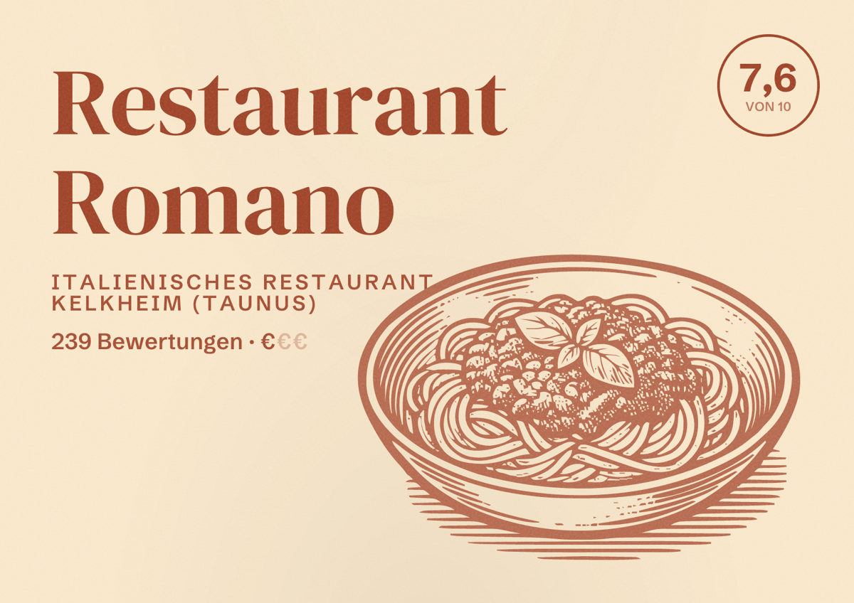 Illustriertes Poster von Restaurant Romano, Italienisches Restaurant in Kelkheim (Taunus): Bewertung 7,6 von 10 aus 239 Bewertungen, Preisniveau €
