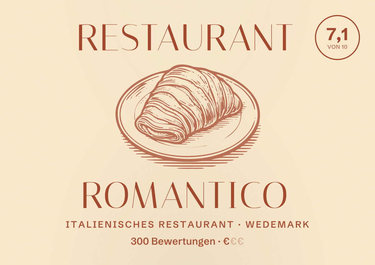 Illustriertes Poster von Restaurant Romantico, Italienisches Restaurant in Wedemark: Bewertung 7,1 von 10 aus 300 Bewertungen, Preisniveau €