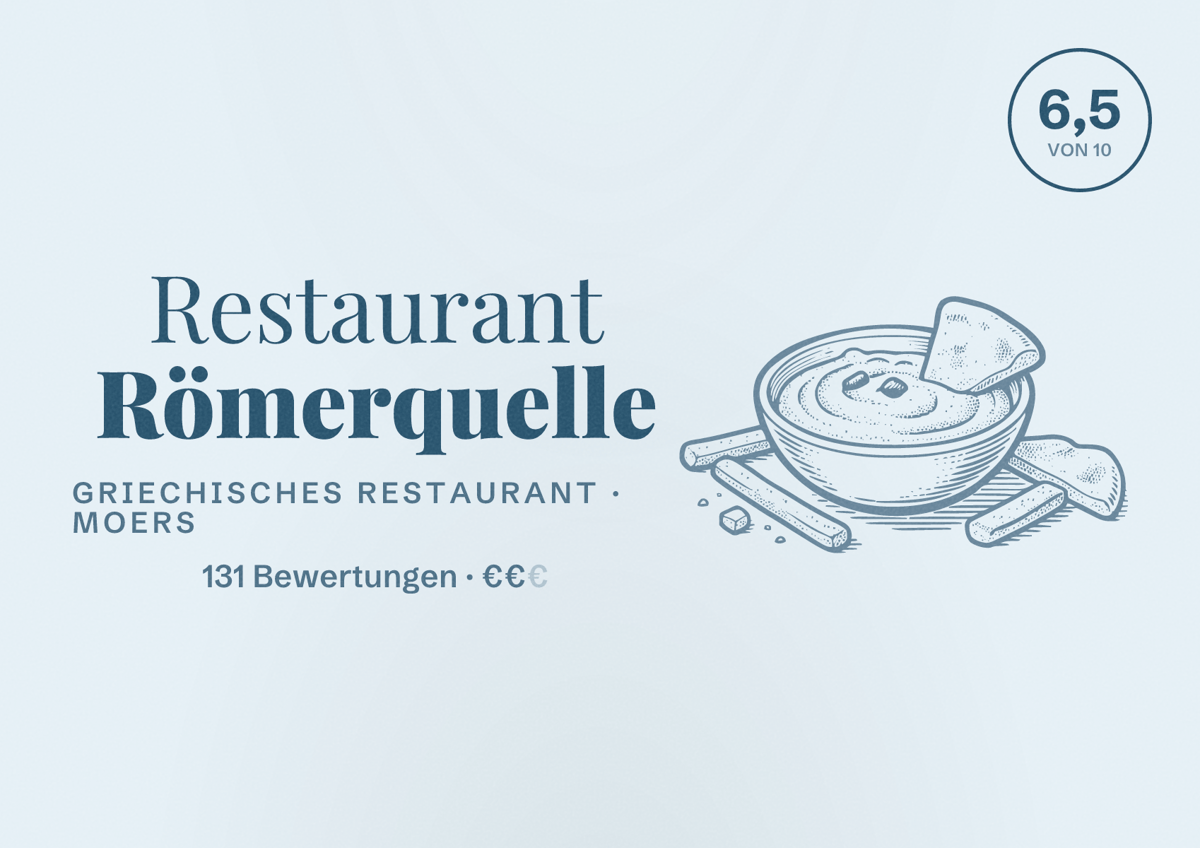 Illustriertes Poster von Restaurant Römerquelle, Griechisches Restaurant in Moers: Bewertung 6,5 von 10 aus 131 Bewertungen, Preisniveau €€