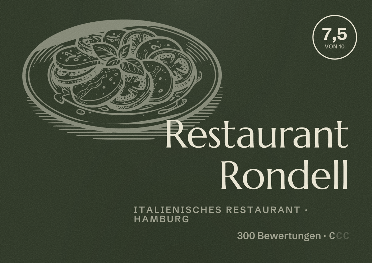 Illustriertes Poster von Restaurant Rondell, Italienisches Restaurant in Hamburg: Bewertung 7,5 von 10 aus 300 Bewertungen, Preisniveau €