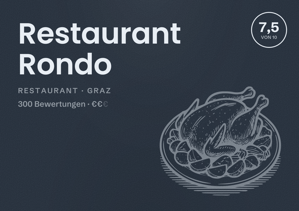 Illustriertes Poster von Restaurant Rondo, Restaurant in Graz: Bewertung 7,5 von 10 aus 300 Bewertungen, Preisniveau €€