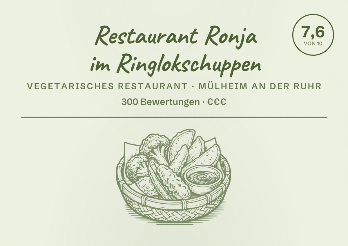 Illustriertes Poster von Restaurant Ronja im Ringlokschuppen, Vegetarisches Restaurant in Mülheim an der Ruhr: Bewertung 7,6 von 10 aus 300 Bewertungen, Preisniveau €€€