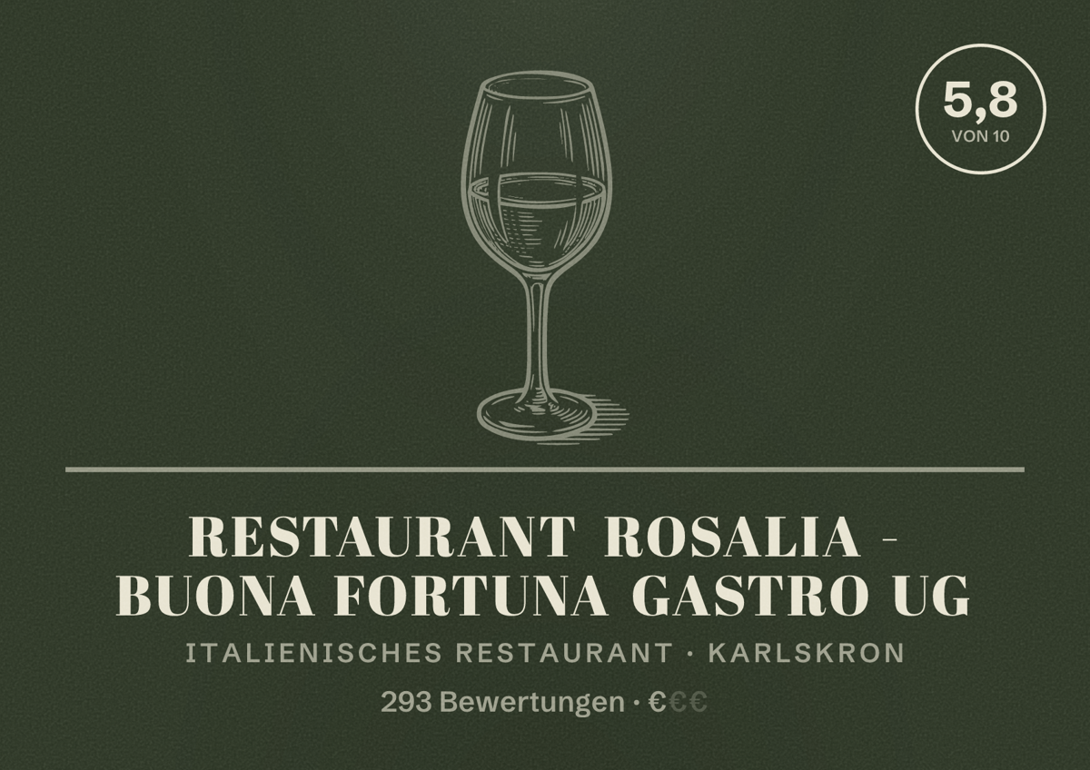 Illustriertes Poster von Restaurant Rosalia - Buona Fortuna Gastro UG, Italienisches Restaurant in Karlskron: Bewertung 5,8 von 10 aus 293 Bewertungen, Preisniveau €