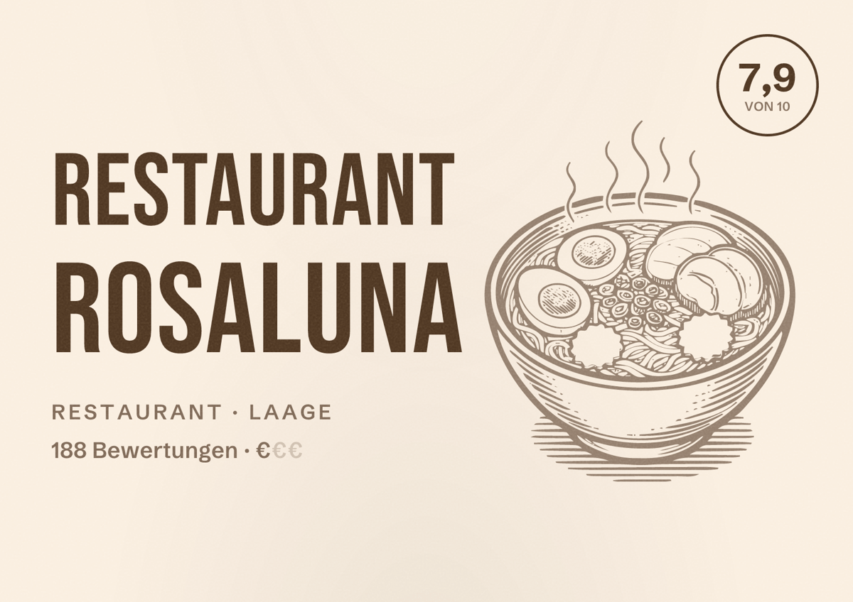 Illustriertes Poster von Restaurant Rosaluna, Restaurant in Laage: Bewertung 7,9 von 10 aus 188 Bewertungen, Preisniveau €