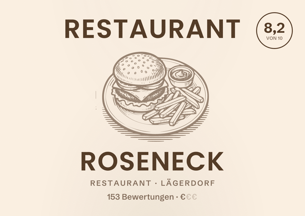 Illustriertes Poster von Restaurant Roseneck, Restaurant in Lägerdorf: Bewertung 8,2 von 10 aus 153 Bewertungen, Preisniveau €