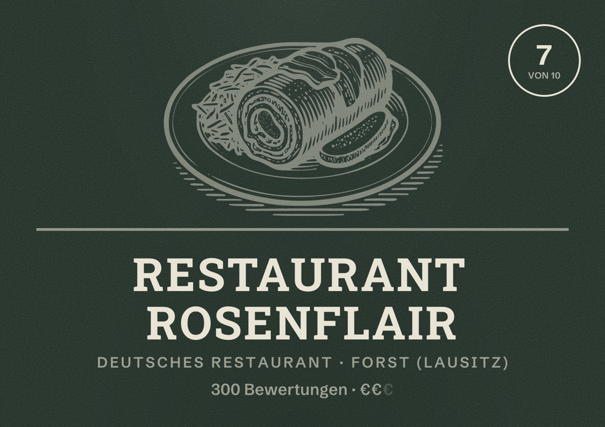 Illustriertes Poster von Restaurant Rosenflair, Deutsches Restaurant in Forst (Lausitz): Bewertung 7 von 10 aus 300 Bewertungen, Preisniveau €€