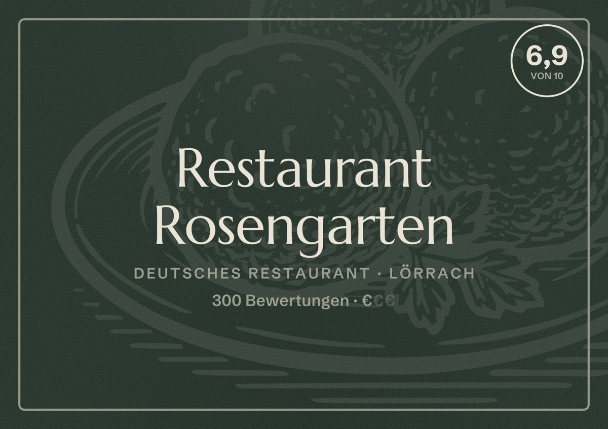 Illustriertes Poster von Restaurant Rosengarten, Deutsches Restaurant in Lörrach: Bewertung 6,9 von 10 aus 300 Bewertungen, Preisniveau €