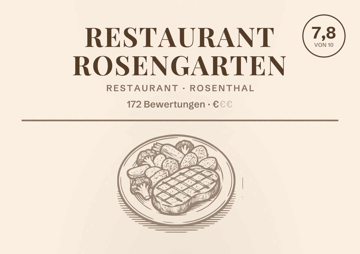 Illustriertes Poster von Restaurant Rosengarten, Restaurant in Rosenthal: Bewertung 7,8 von 10 aus 172 Bewertungen, Preisniveau €